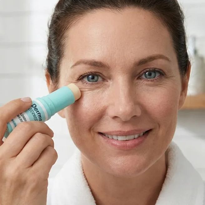Applying Dr. Melasmin Calcium Stick in an under-eye skincare routine